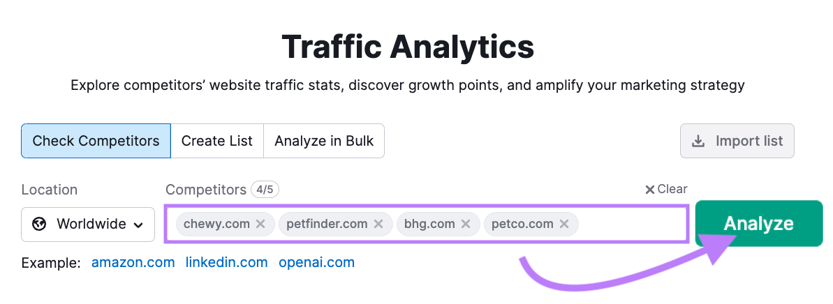 "chewy.com," "petfinder.com," "bhg.com" and "petco.com" entered into Traffic Analytics search bar