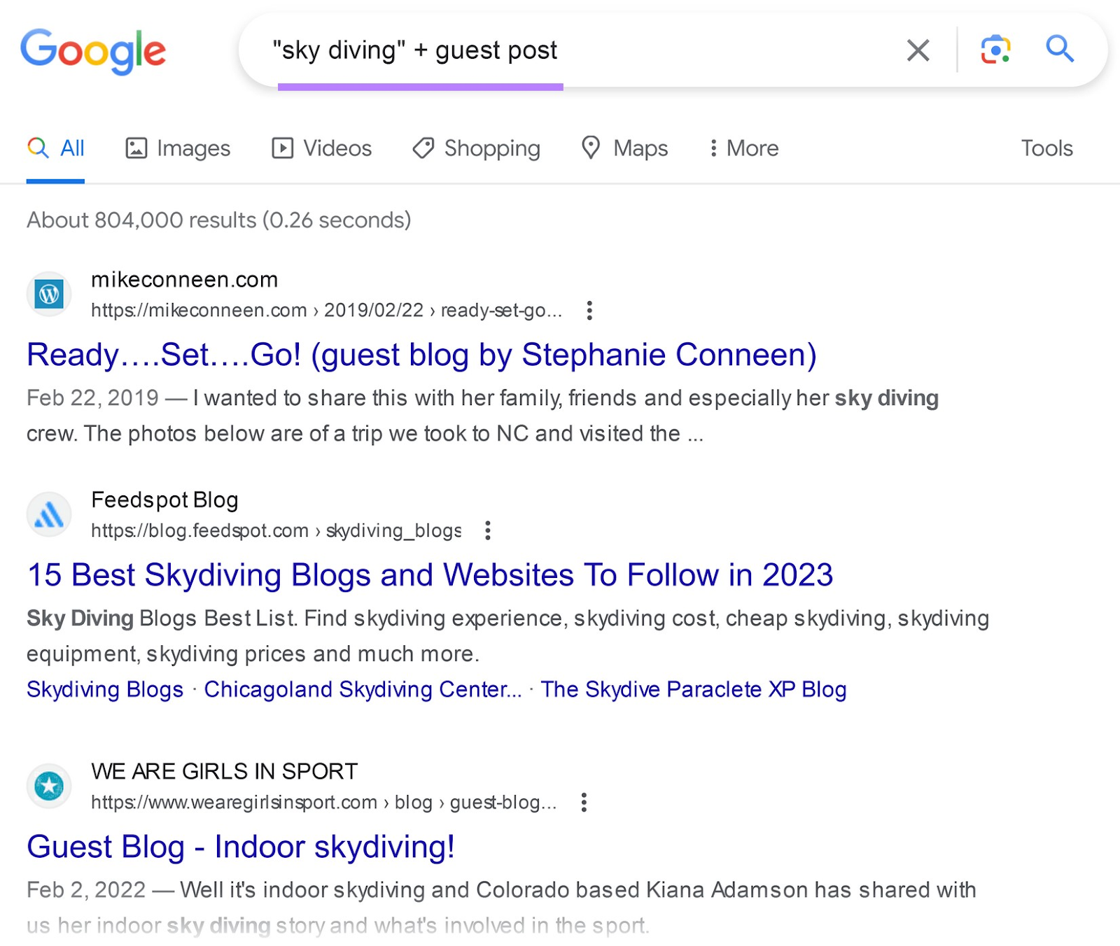 Google SERP for “sky diving + guest post” query