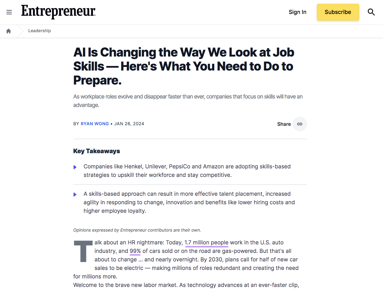 Entrepreneur's article on how AI is changing the way we look at job skills