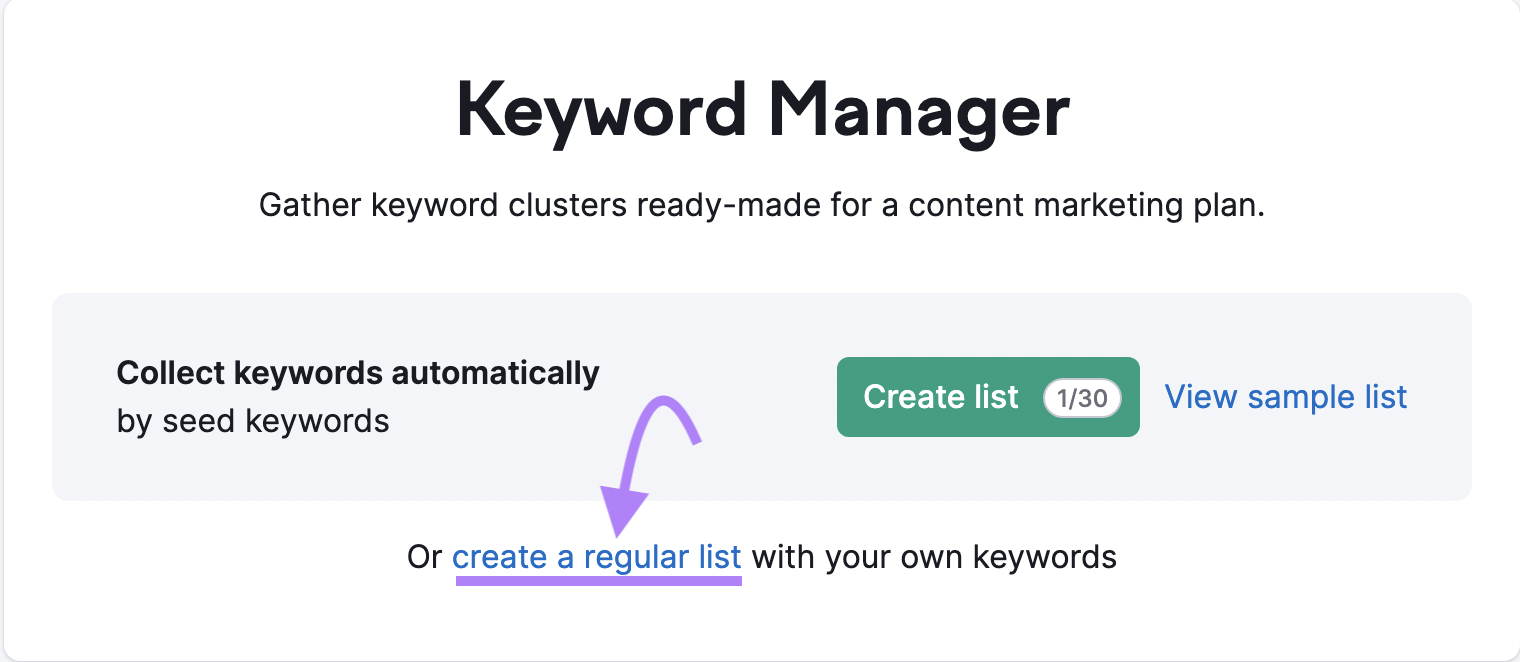“create a regular list” button highlighted in Keyword Manager