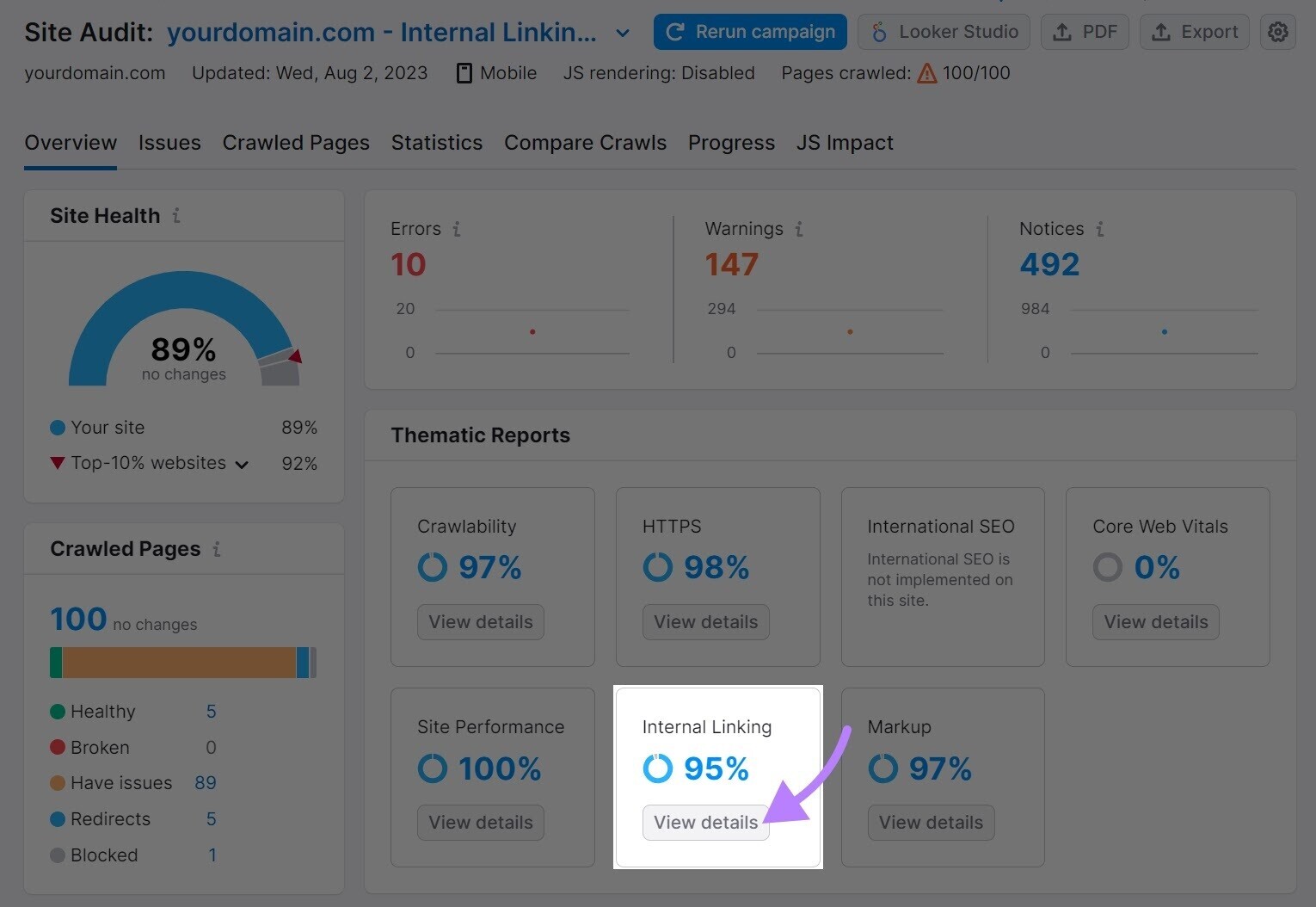 “Internal Linking” box highlighted in the Overview report