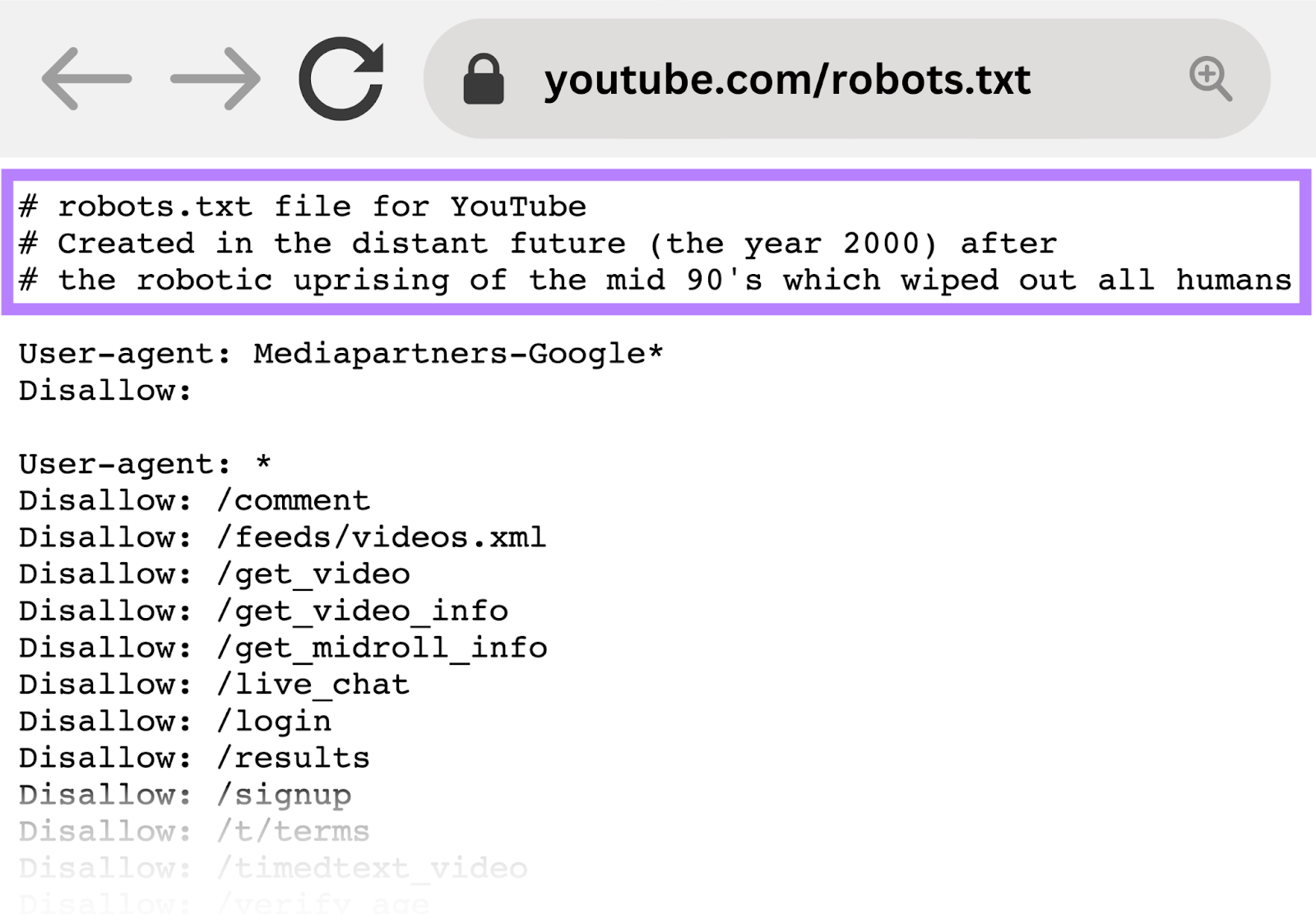 YouTube's robots.txt file example