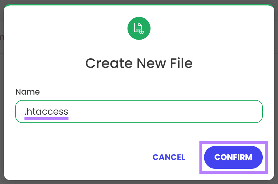 Web host interface for creating a new file with the name ".htaccess."