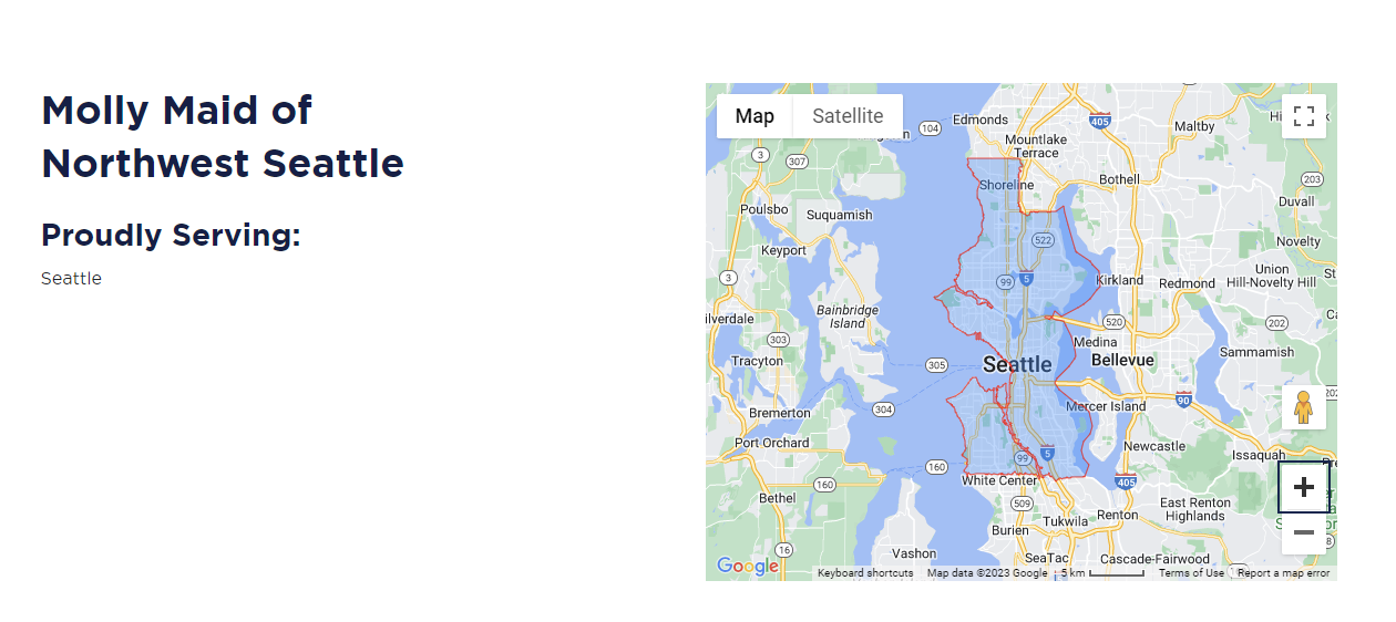Molly Maid's location page with Google Map embedded