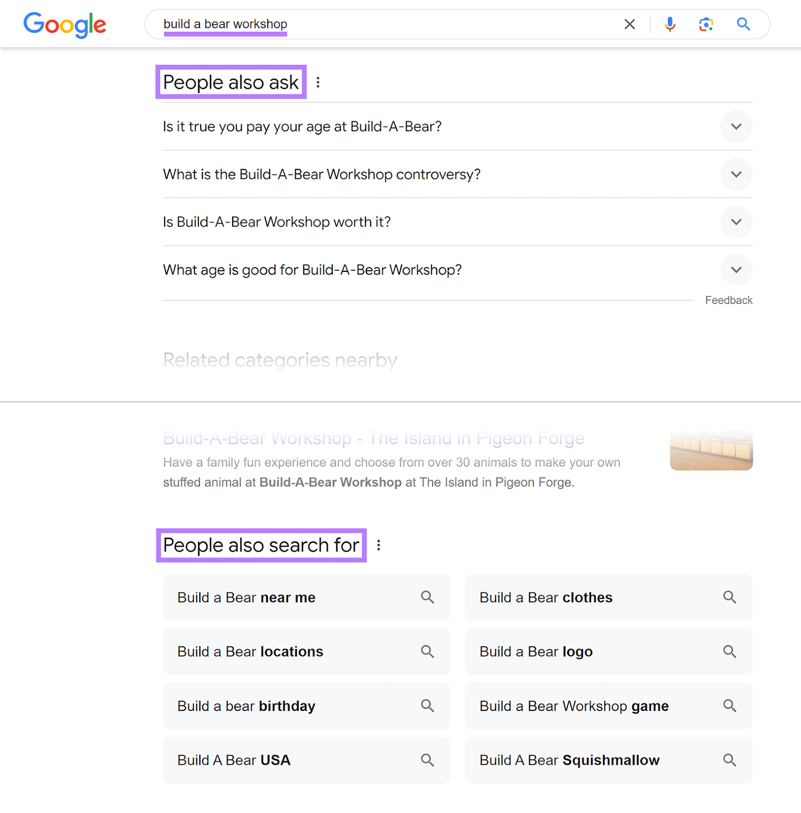 Google SERP for 'build a bear workshop' with People also ask and People also search for sections highlighted