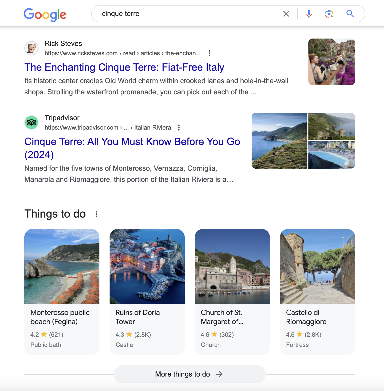 Cinque Terre SERP has integrated  results featuring question   guides and things to bash  successful  the area