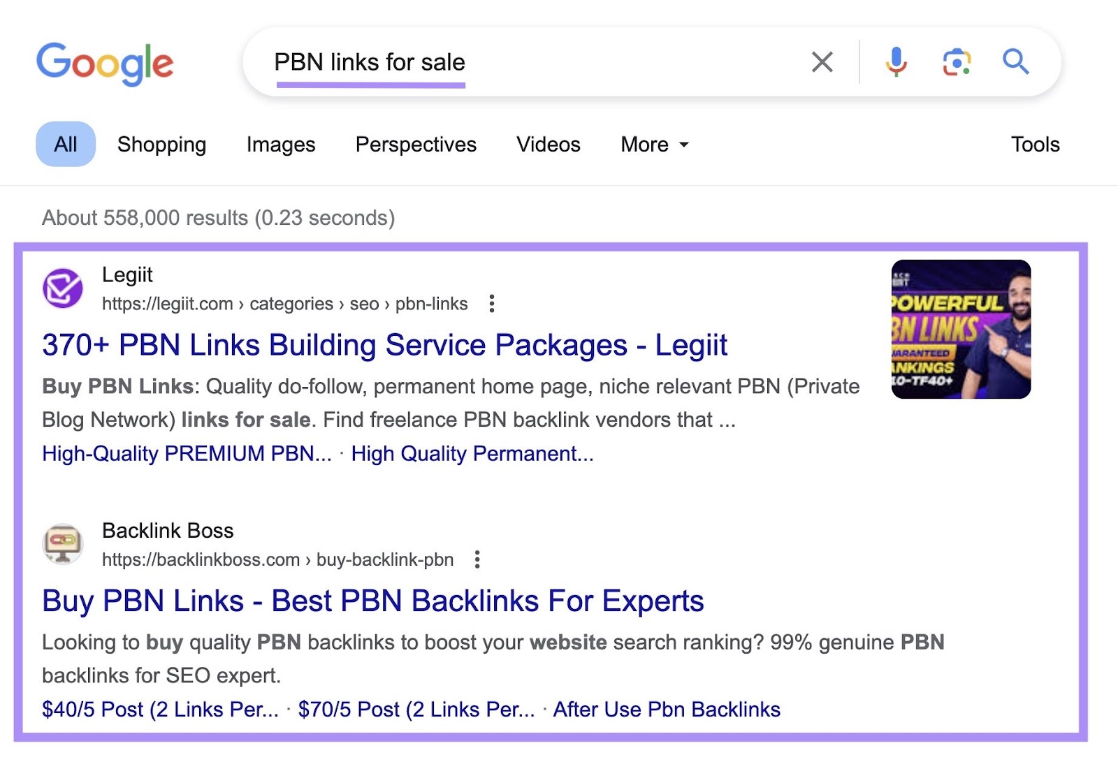 Google search for “PBN links for sale”