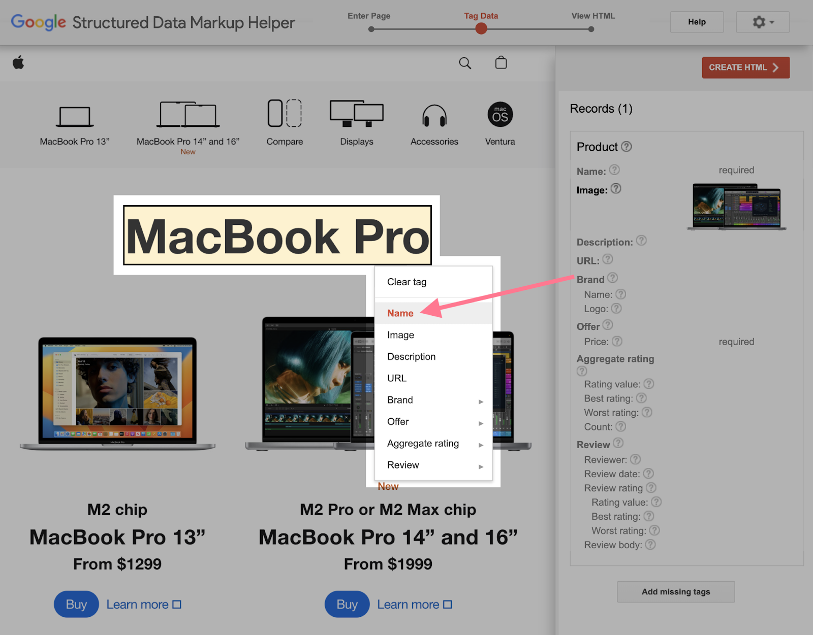 how to add the product’s name to "MacBook Pro" in Structured Data Markup Helper