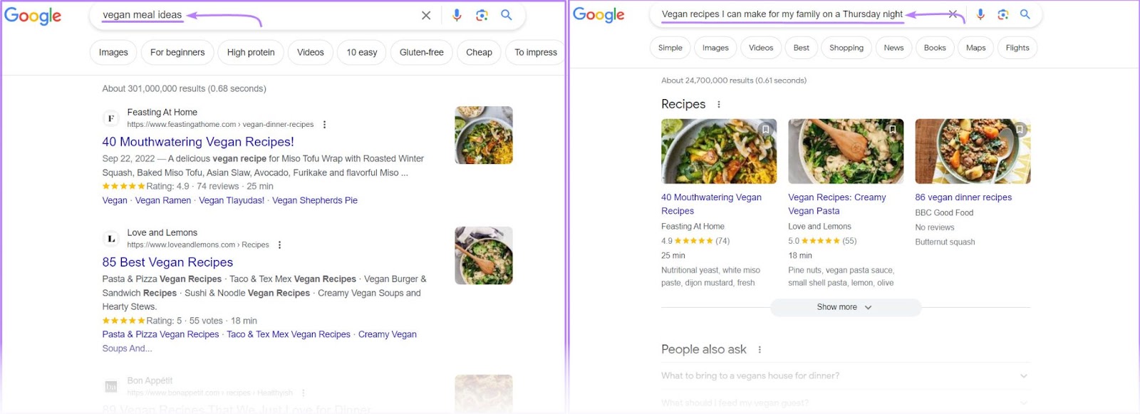 Google's SERP for "vegan meal ideas" and "vegan recipes I can make for my family on a Thursday night"