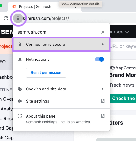 “Connection is secure” highlighted under padlock drop-down menu