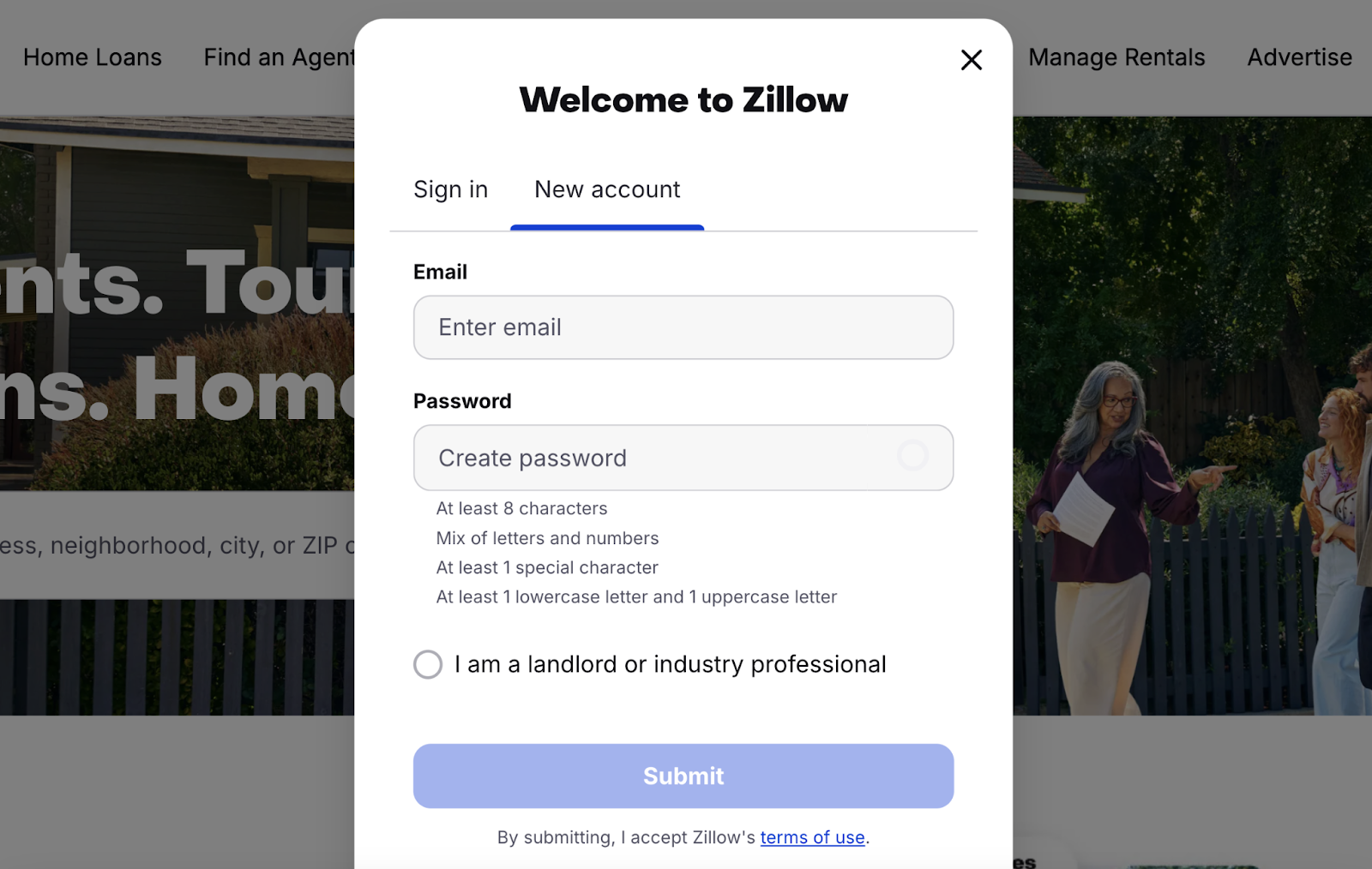 new account sign up form includes entry for email, password, and checkbox if you're a landlord or industry professional