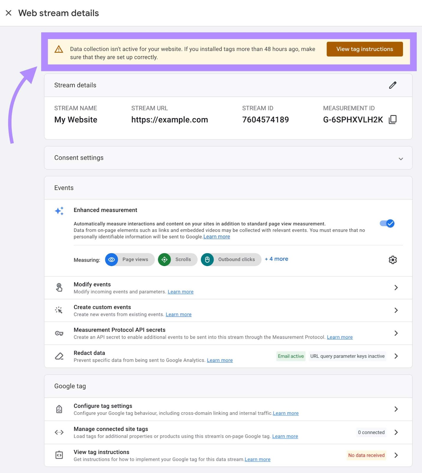 "La recogida de datos no está activa para tu sitio web. Si has instalado etiquetas hace más de 48 horas, asegúrate de que están configuradas correctamente." alerta