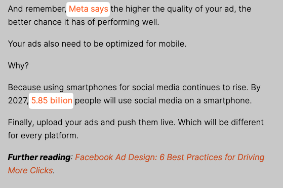 example of links to Meta and Statista in Semrush article on social media ads