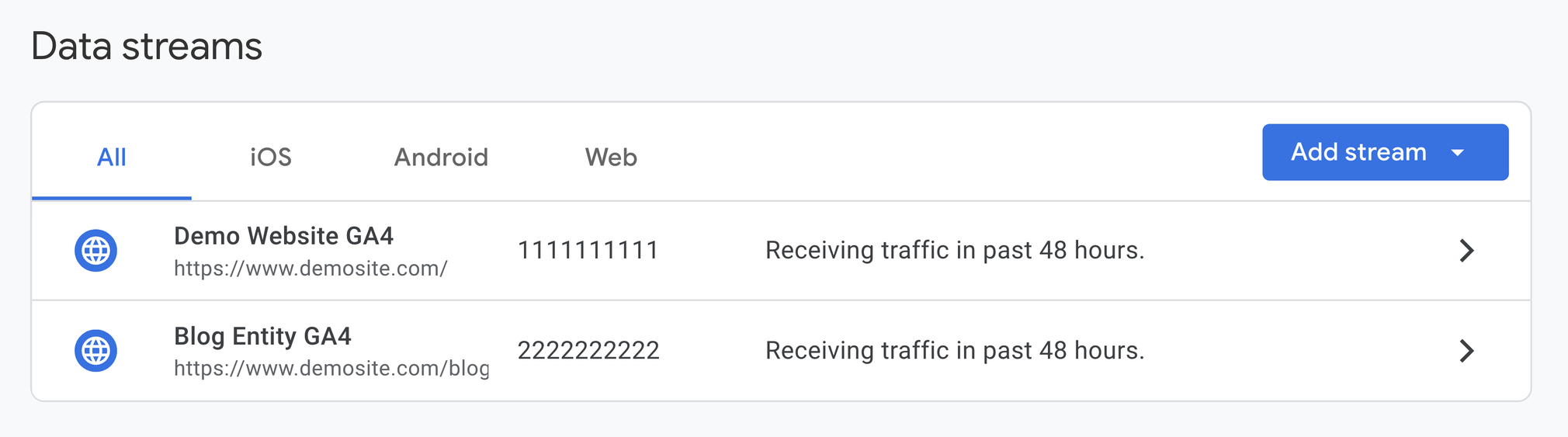 data streams found in GA4