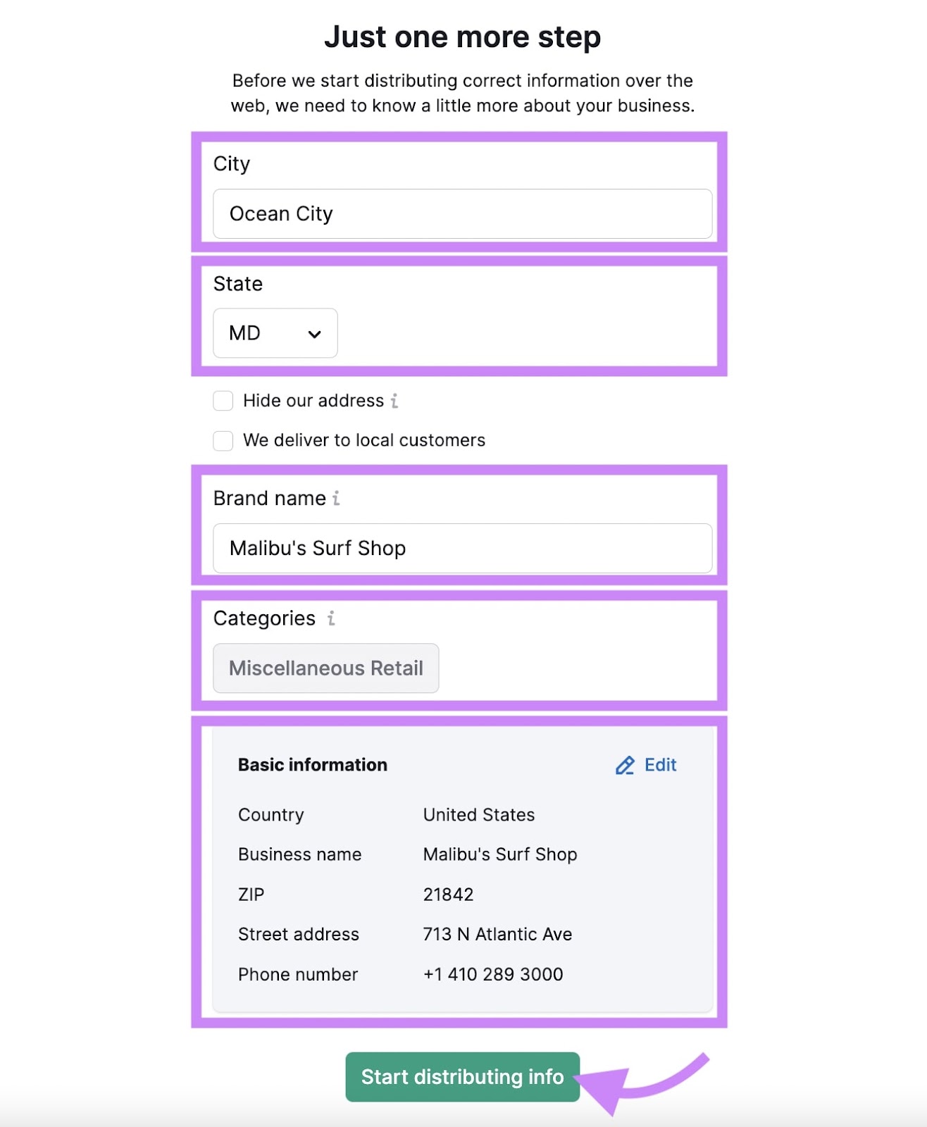 A form for entering your business info in Listing Management tool