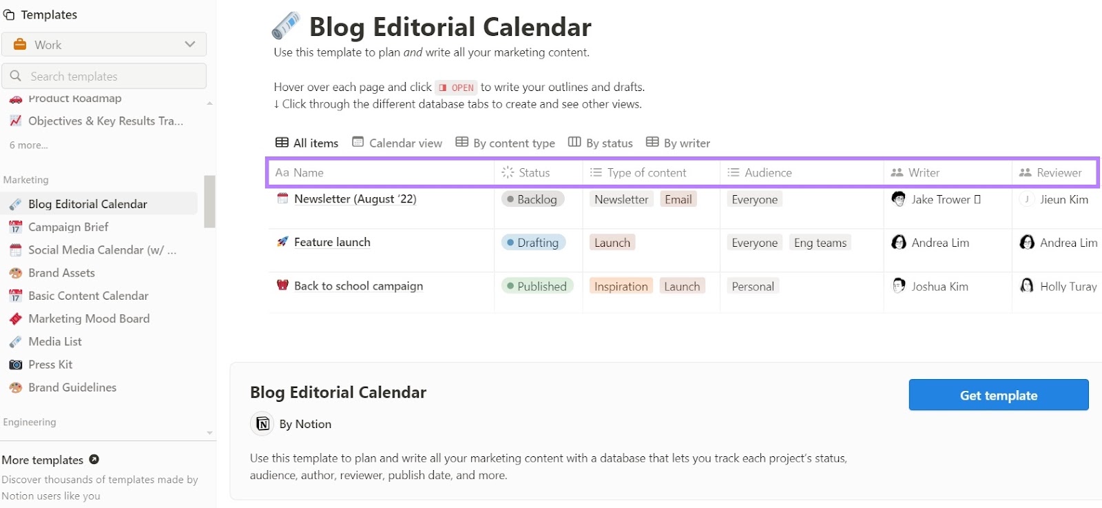 Blog Editorial Calendar on Notion with the table headers including "Name," "Status," "Type of content," "Audience," etc. highlighted.