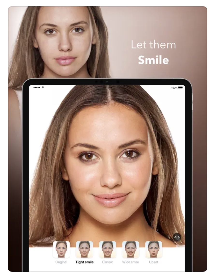 An image of a FaceApp changing woman's facial expression and features