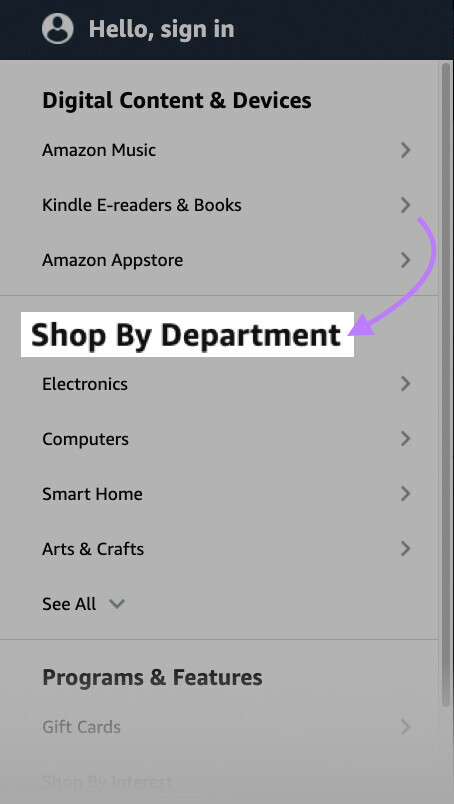 "Shop By Department" option chosen in the menu