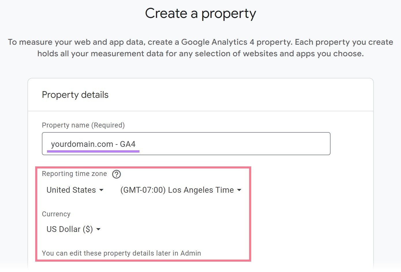 "Create a property" page in Google Analytics