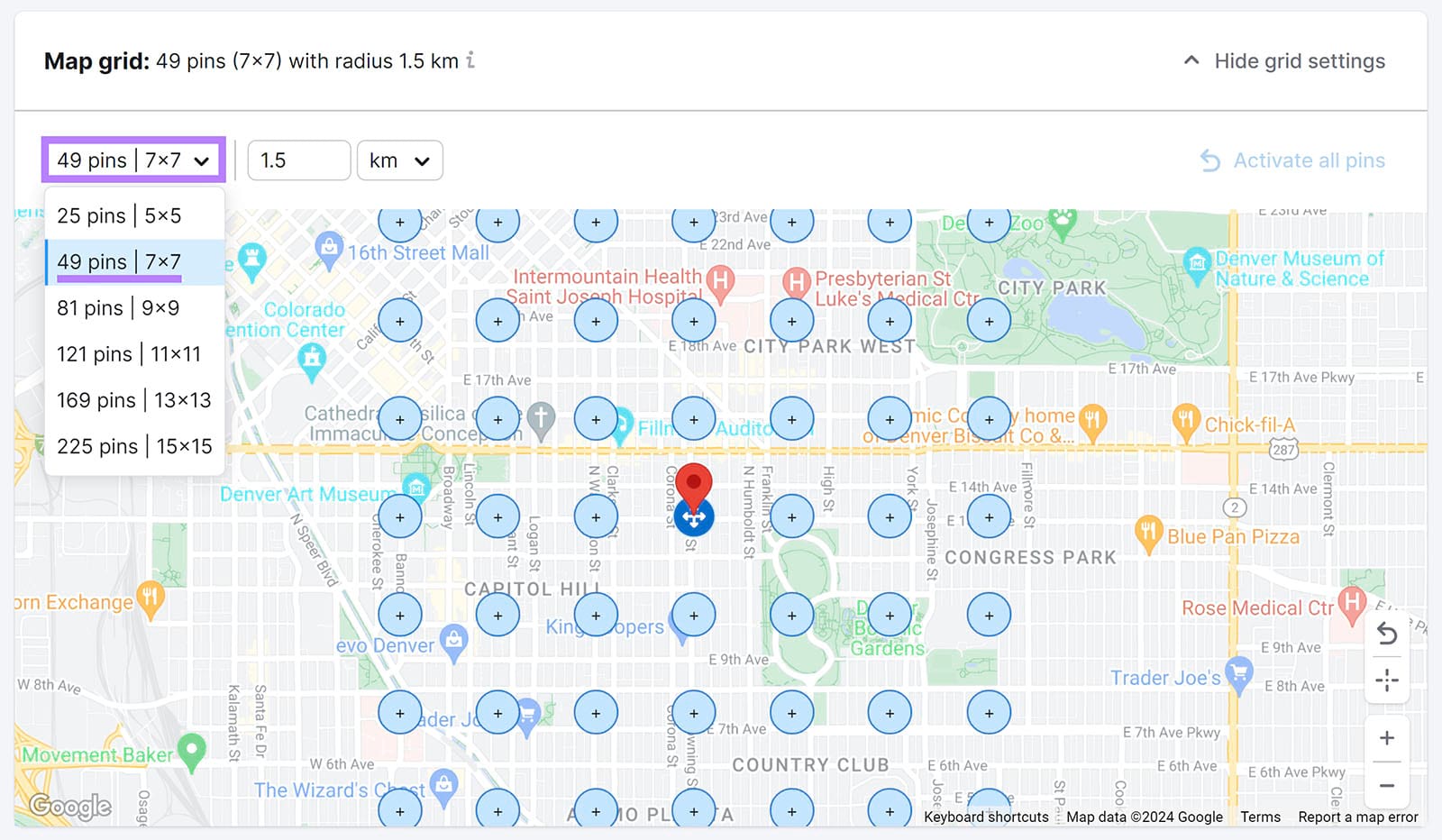 Pins dropdown expanded and 49pins enactment    highlighted.