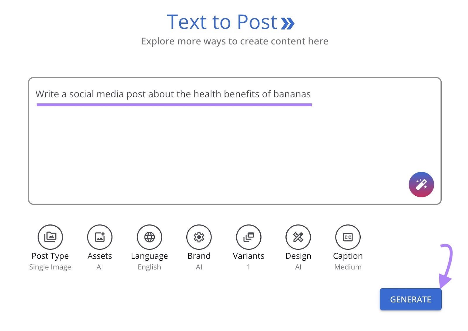 "Text to Post" instrumentality   commencement  connected  Semrush’s AI Social Content Generator with substance   entered successful  the input container  and "Generate" clicked.