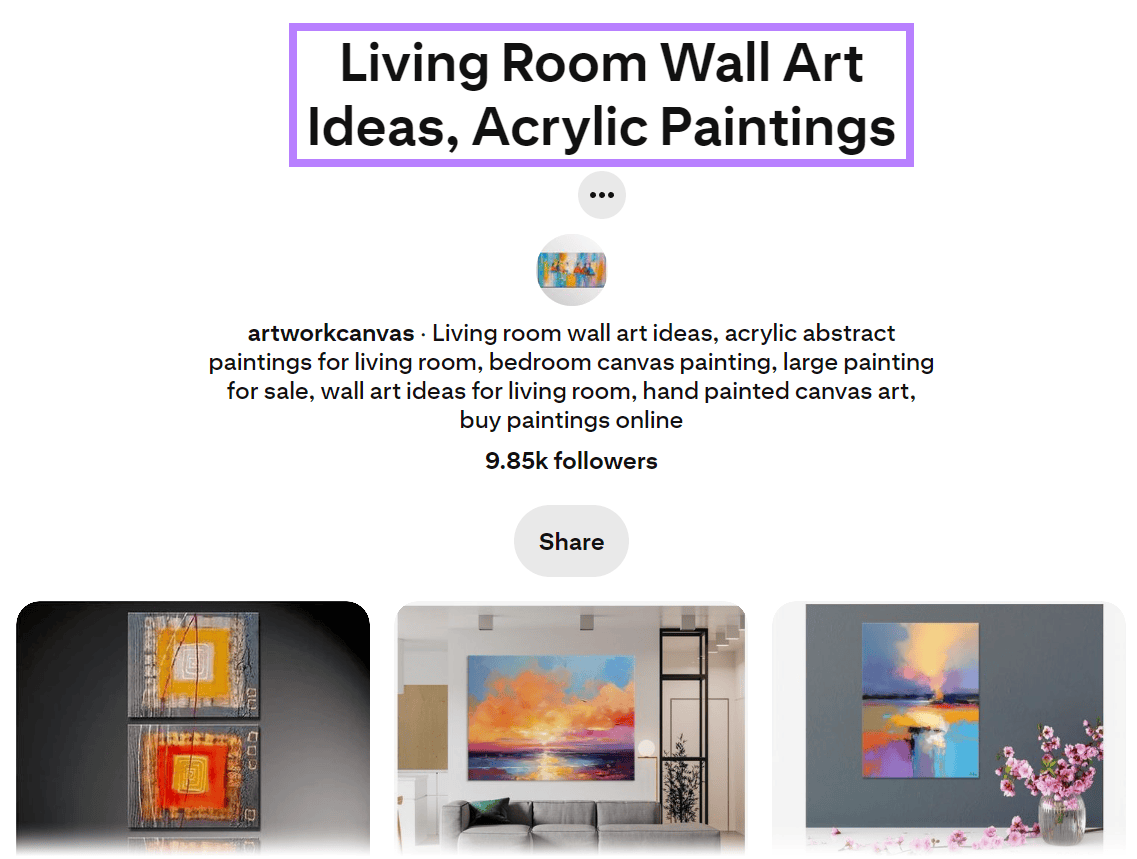 Pinterest board for “Living Room Wall Art Ideas, Acrylic Paintings.”
