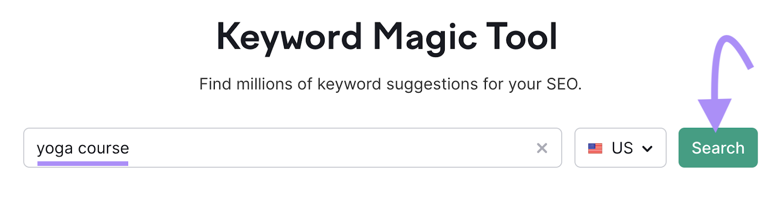 "yoga course" entered into the Keyword Magic Tool search bar