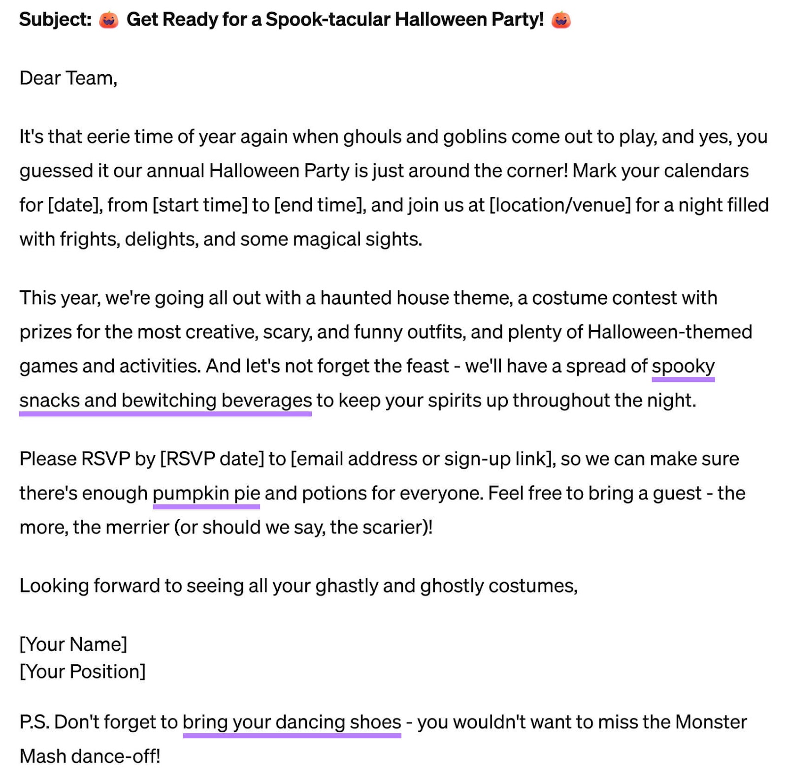ChatGPT-generated email announcement about the office Halloween party