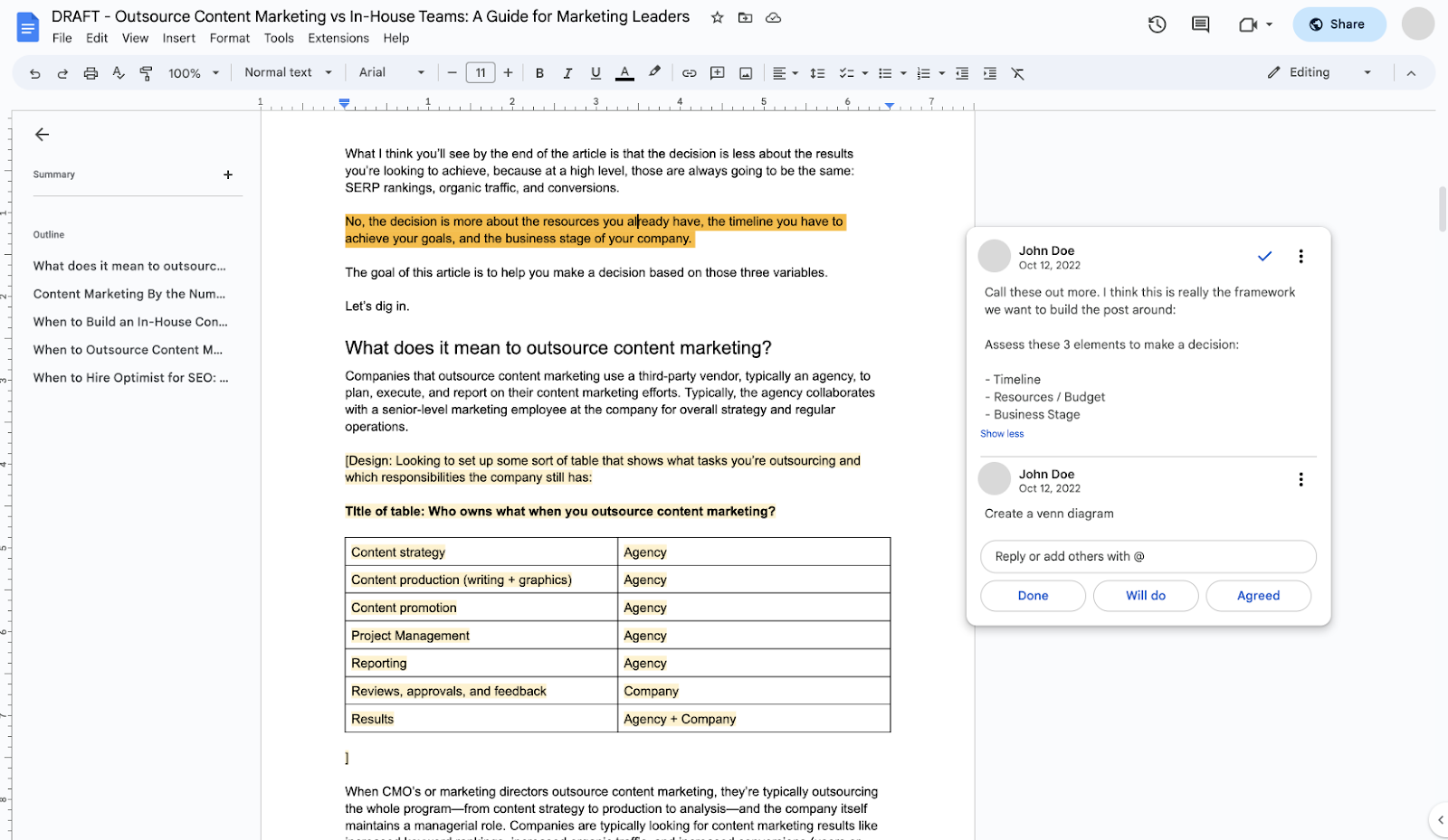 Google Doc with highlighted text and comment between writer and editor