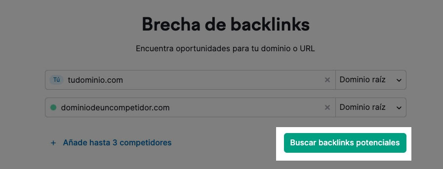 Página de inicio de Brecha de backlinks de Semrush