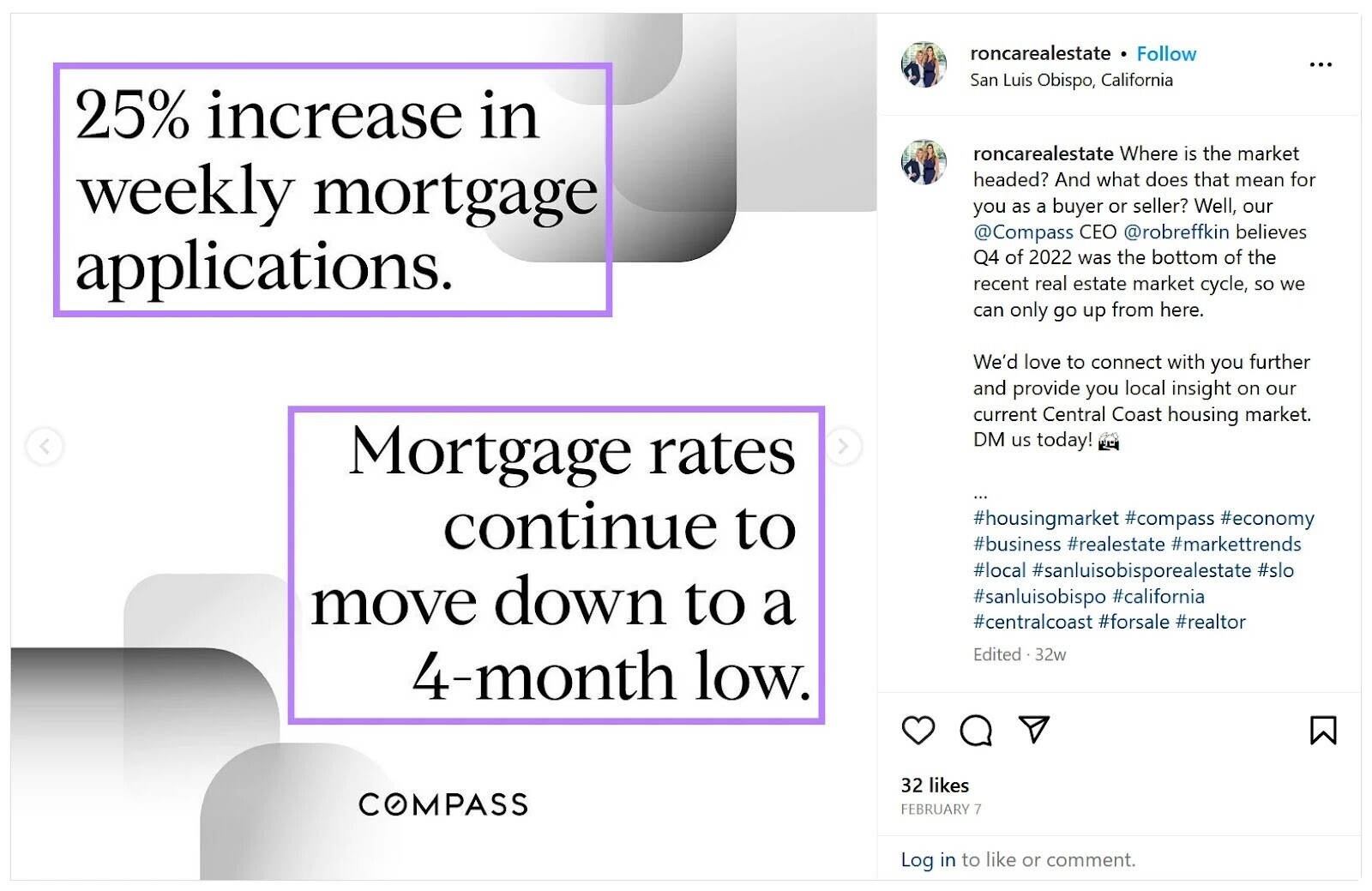 An Instagram post discussing market trends in real estate