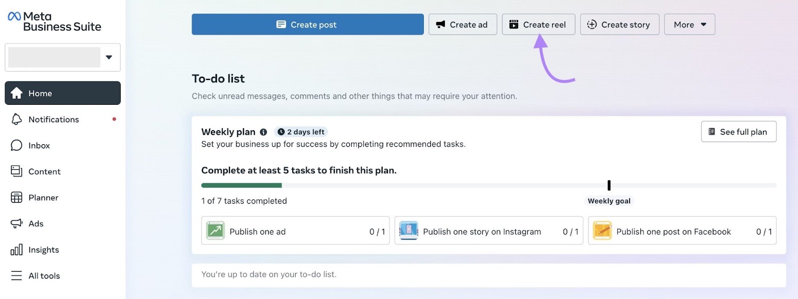 "Create reel" from the “Home” tab highlighted connected  the Meta Business Suite.
