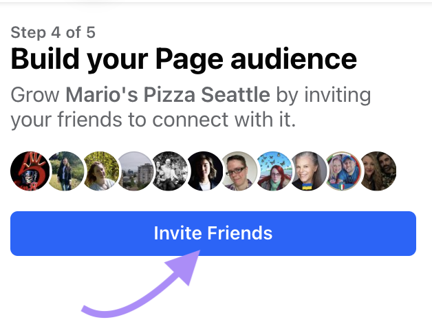 “Invite Friends” button highlighted under "Build your Page audience" step
