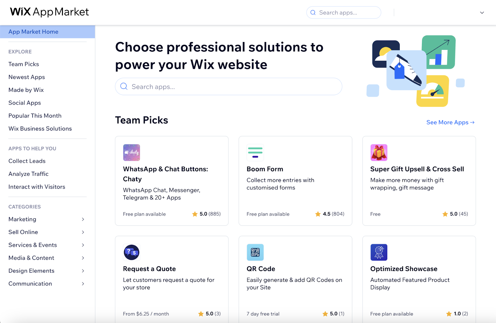 wix's app market highlights top picks such as WhatsApp, QR codes, and more