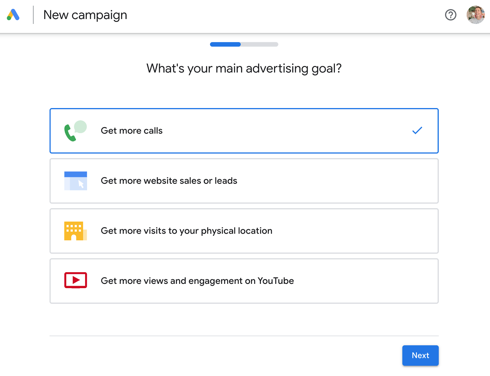 "What’s your main advertising goal?" page in Google Ads