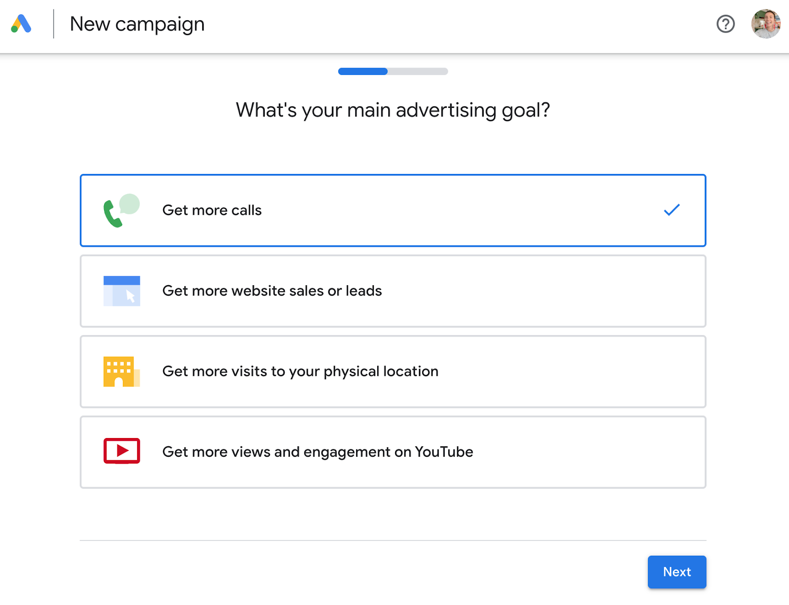 Página "¿Cuál es tu principal objetivo publicitario?" en Google Ads