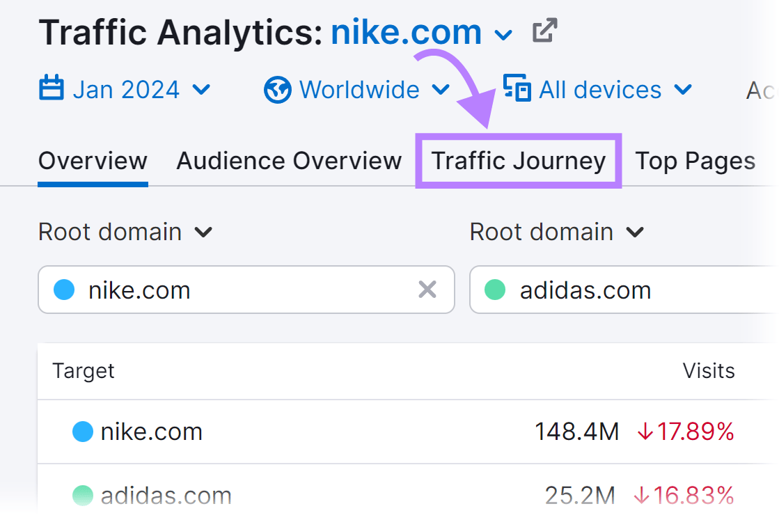 "Traffic Journey" tab highlighted in Traffic Analytics tool