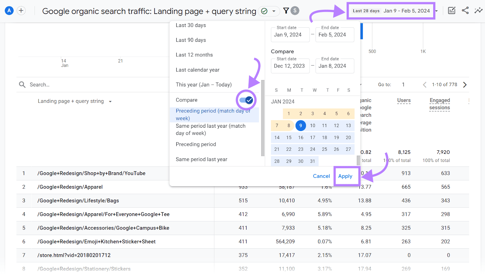 Date range settings in Google ،ic search traffic report