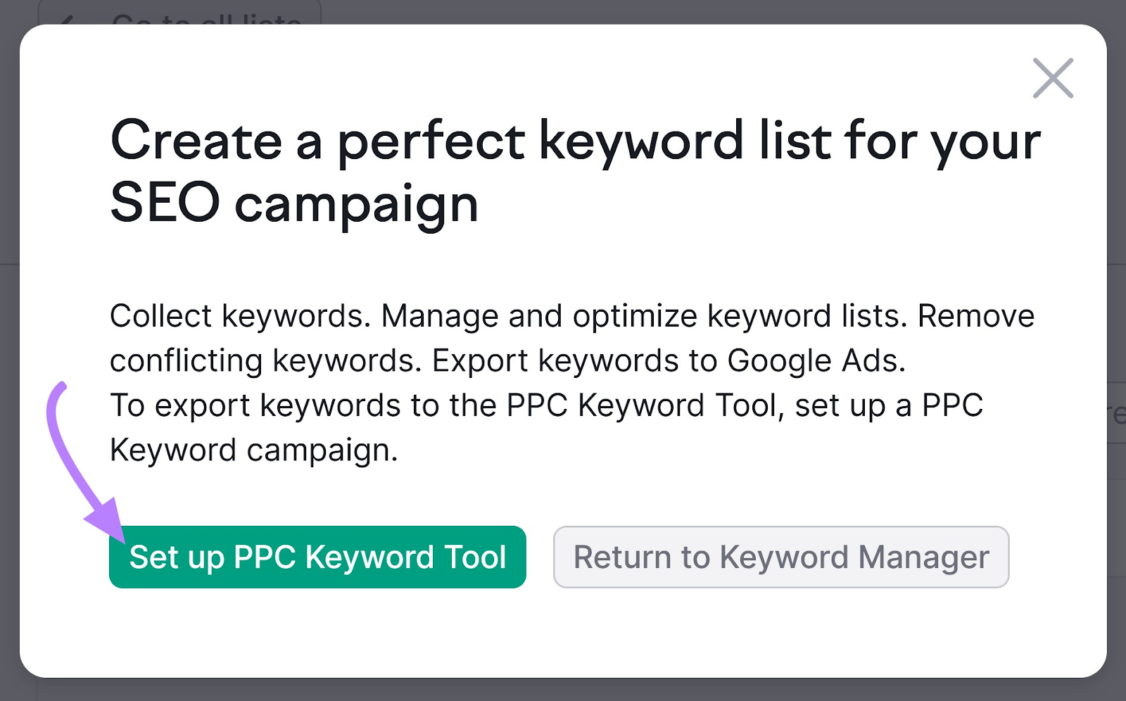 "Create a perfect keyword list for your SEO campaign" dialogue box
