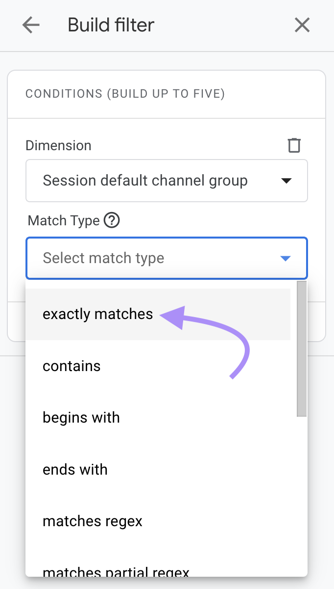 “exactly matches" selected under "Match Type" field
