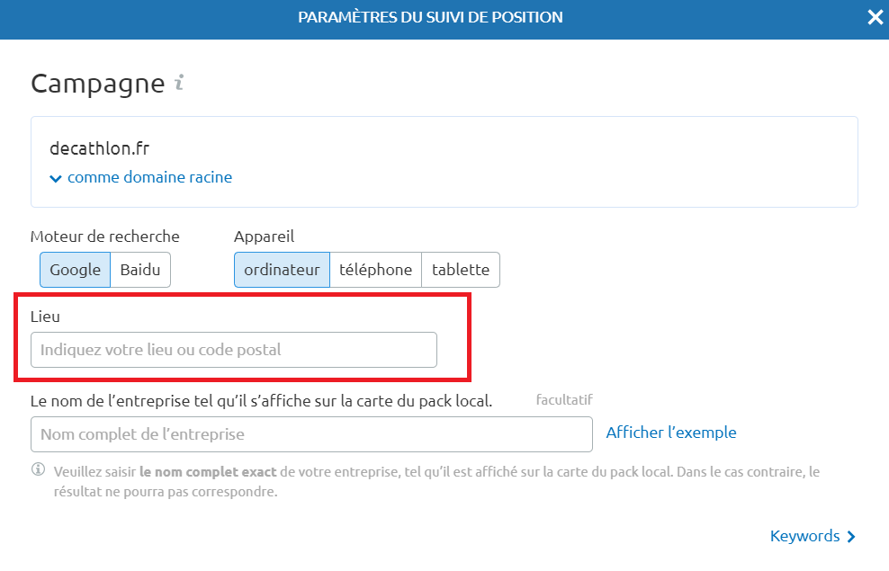 Semrush Paramètres de Suivi de position