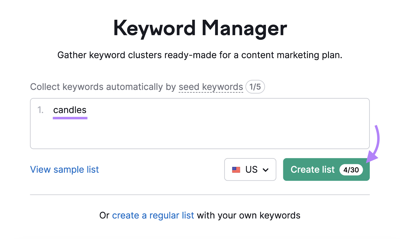 "candles" entered into the Keyword Manager tool