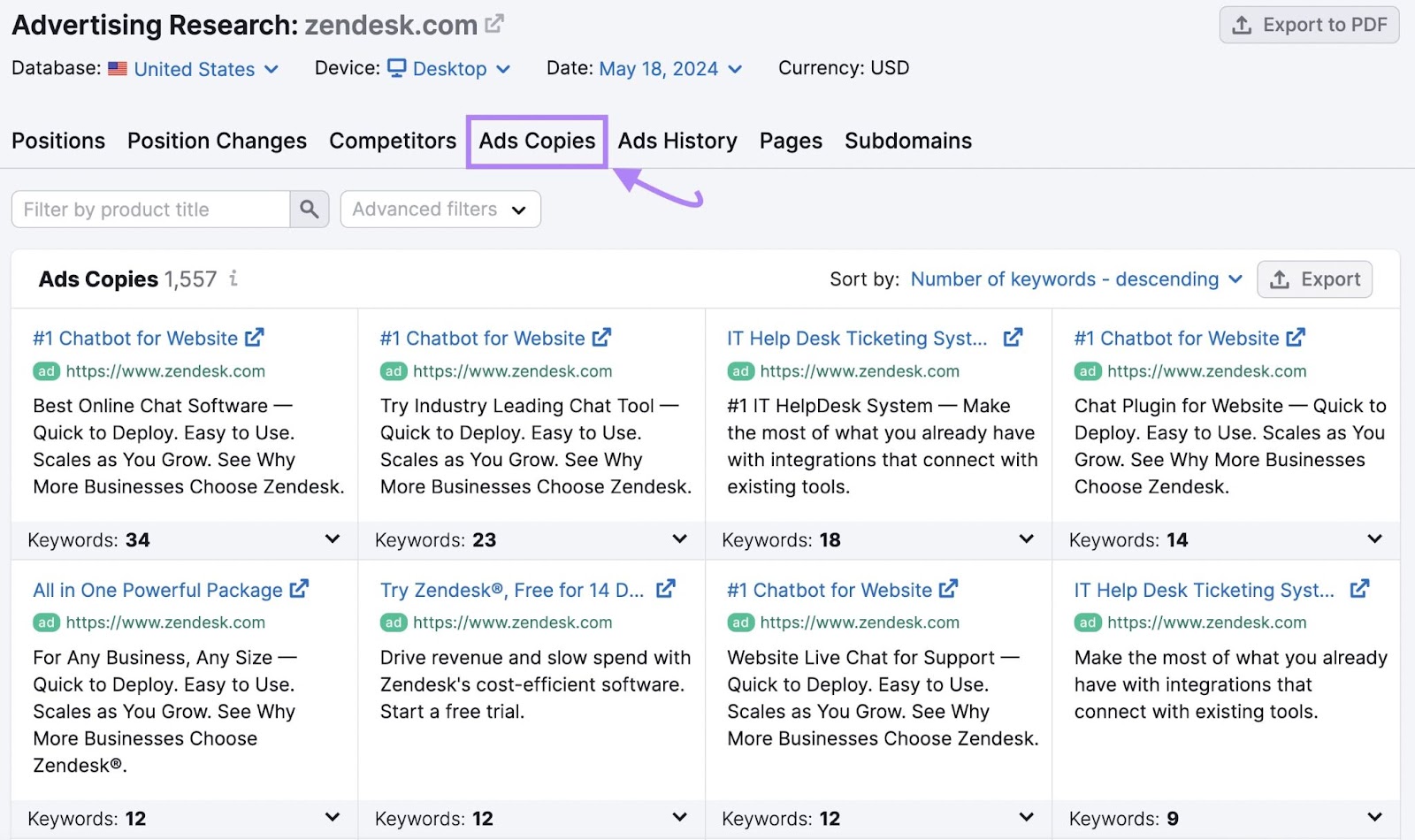 Semrush Advertising Research tool Ads copies tab with eight examples of live adverts for Zendesk