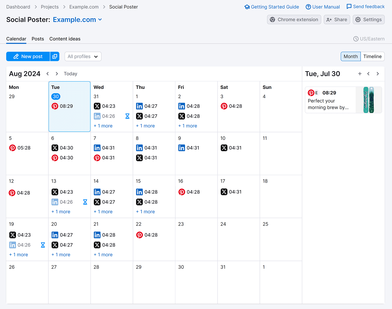 Semrush Social Poster dashboard with Calendar showing scheduled posts for LinkedIn, Pinterest, and X