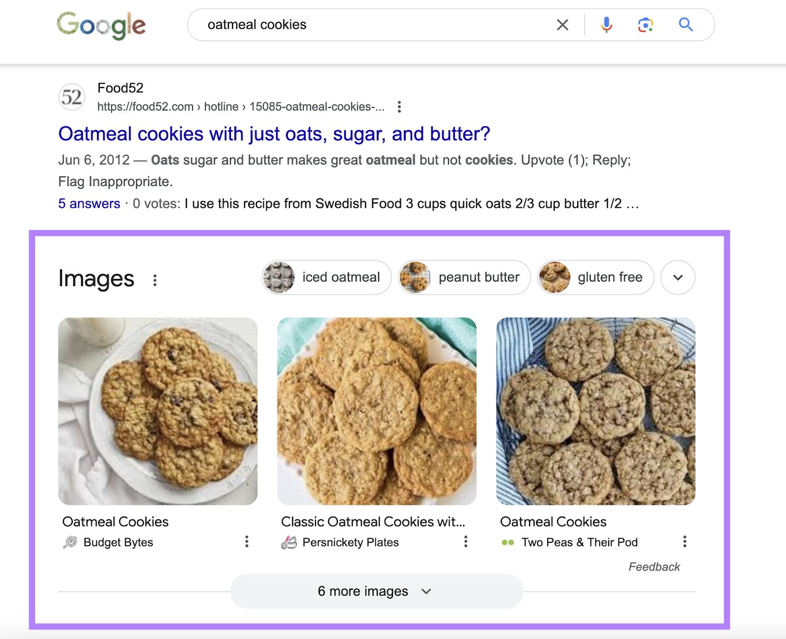 Google image pack for oatmeal cookies shows images pulled from recipes.