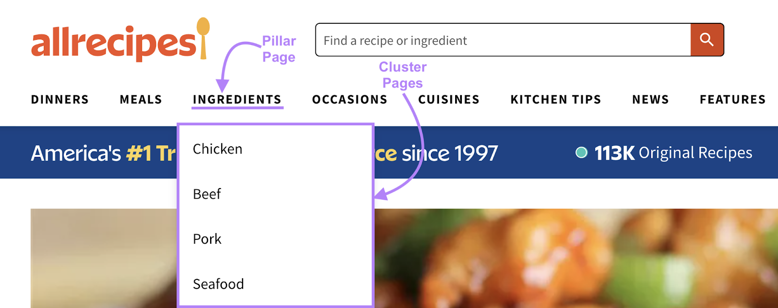 navigation has links to dinners, meal, ingredients, etc. with subtopics within each category