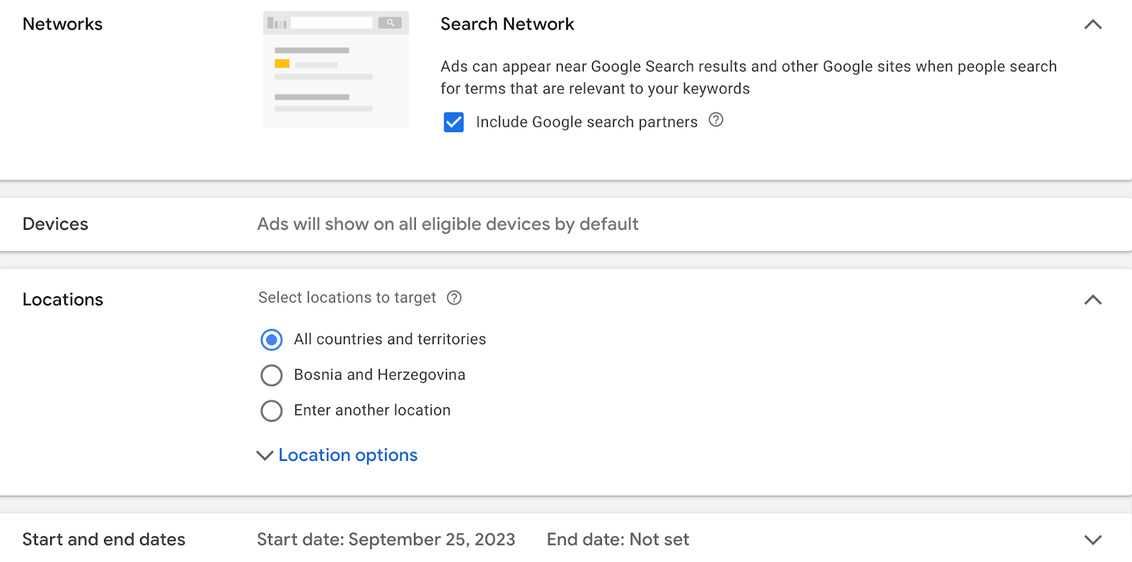 "Networks," "Devices," "Locations," and "Start and end dates" sections