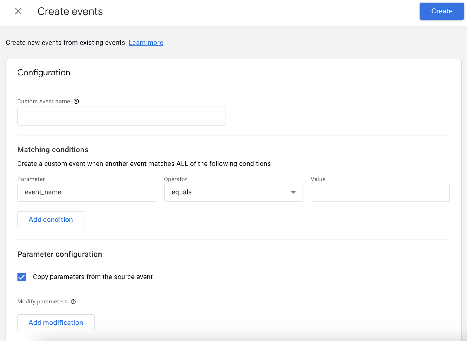 Create events configuration page