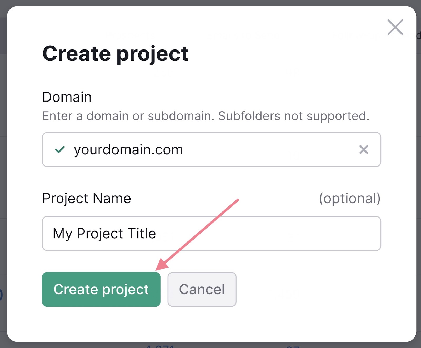 enter the domain and give the project a name in link building tool