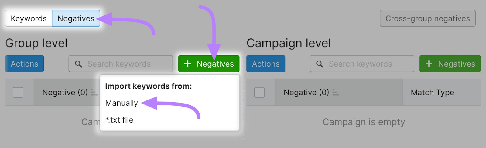 'Manually' highlighted from '+ Negatives' drop-down successful  Semrush PPC Keyword Tool